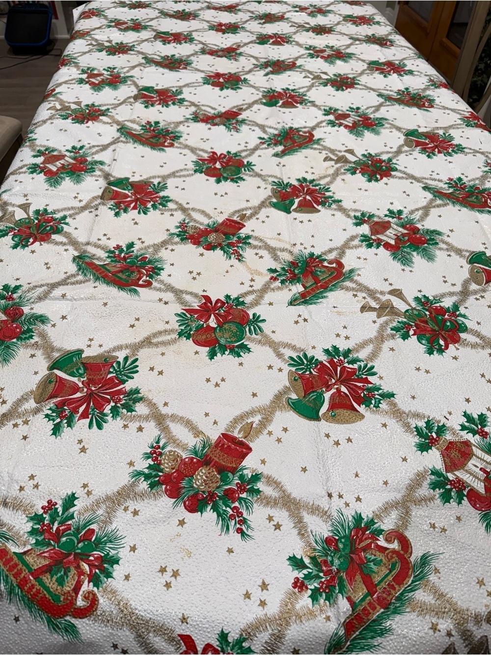 Vintage Christmas Plastic Table Cover Size 54X90 Mid-Century Kitsch Holiday